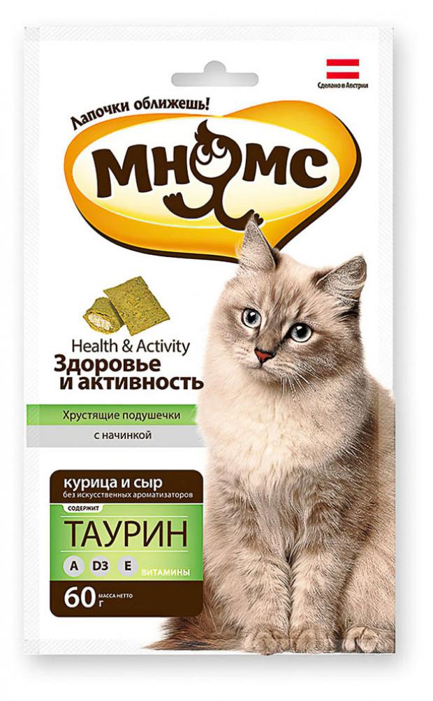 

Лакомства для кошек Мнямс хрустящие подушечки Здоровье и активность с курицей и сыром, 60 г