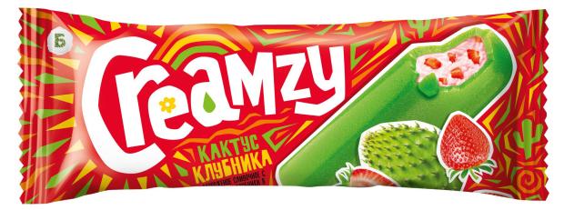 Мороженое сливочное Creamzy с кусочками клубники во фруктовой глазури со вкусом кактуса БЗМЖ, 60 г