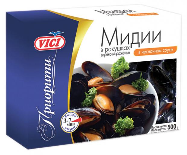 

Мидии в ракушках VICI ПРИОРИТИ в чесночном соусе замороженные, 500 г