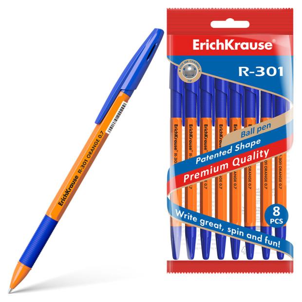 Ручка шариковая ErichKrause Orange Stick&Grip R-301 синяя 0,7 мм, 8 шт