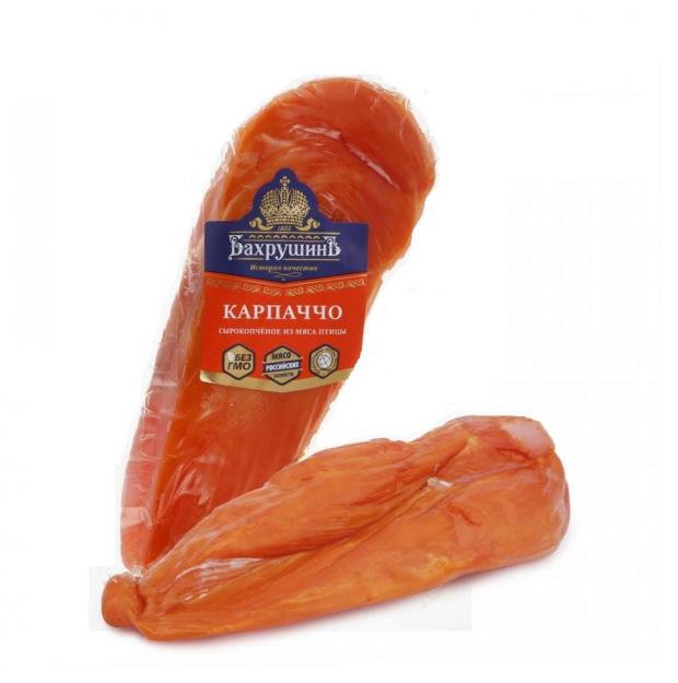 

Карпаччо сырокопченое Бахрушинъ из куриного филе (0,2-0,3 кг), 1 упаковка ~ 0,25 кг