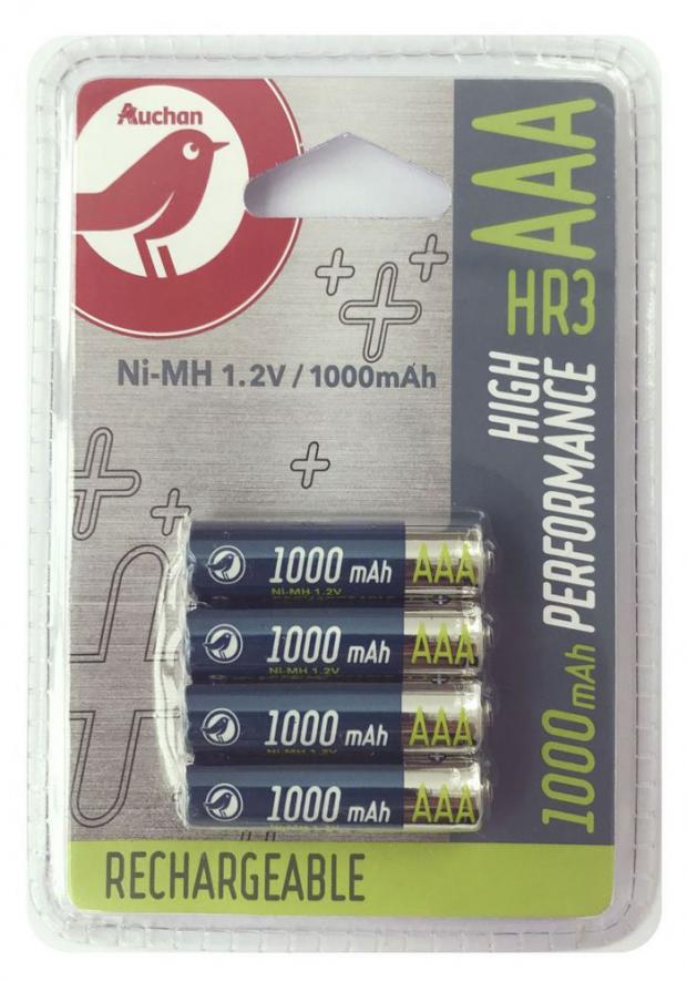 

Аккумуляторные батареи АШАН типоразмер AAA/HR3 1000 мАч, 4 шт.