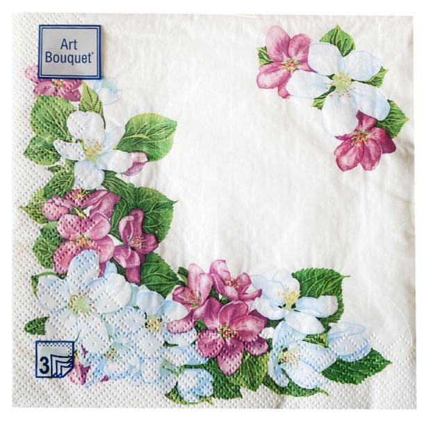 

Салфетки одноразовые бумажные Bouquet трехслойные 33х33 см яблоневые цветы, 20 шт