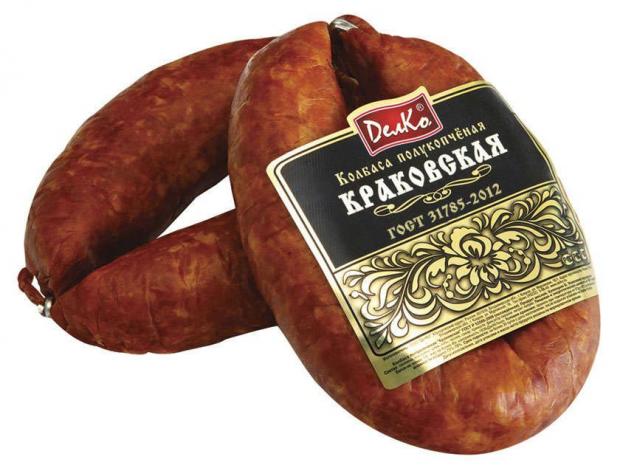 Колбаса полукопченая ДелКо Краковская (0,3-0,6 кг) , 1 упаковка ~ 0,4 кг
