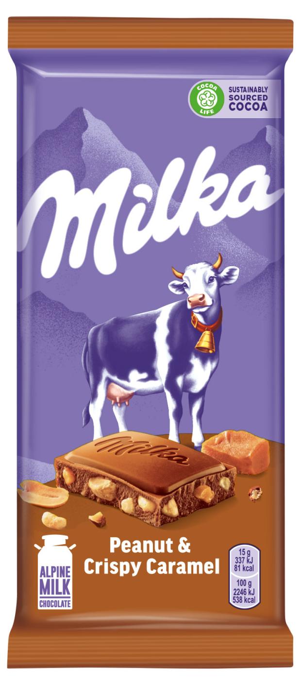 Шоколад молочный Milka с арахисом карамелью шариками и хлопьями, 90 г шоколад молочный степ с изюмом арахисом и карамелью 90 г