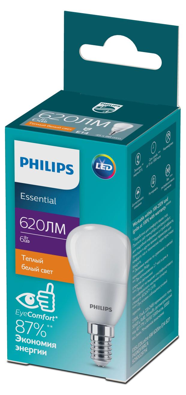 Лампочка светодиодная Philips LED E14 620 Лм теплый белый свет, 6 Вт