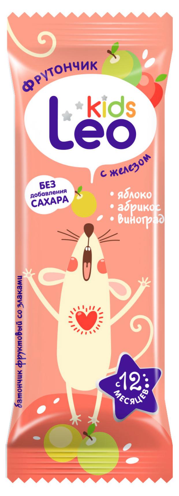 

Батончик фруктовый Leo Kids яблоко-абрикос-виноград со злаками, 20 г
