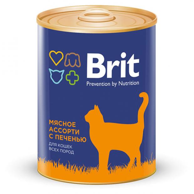 Консервированный корм для кошек Brit мясное ассорти с печенью, 340 г