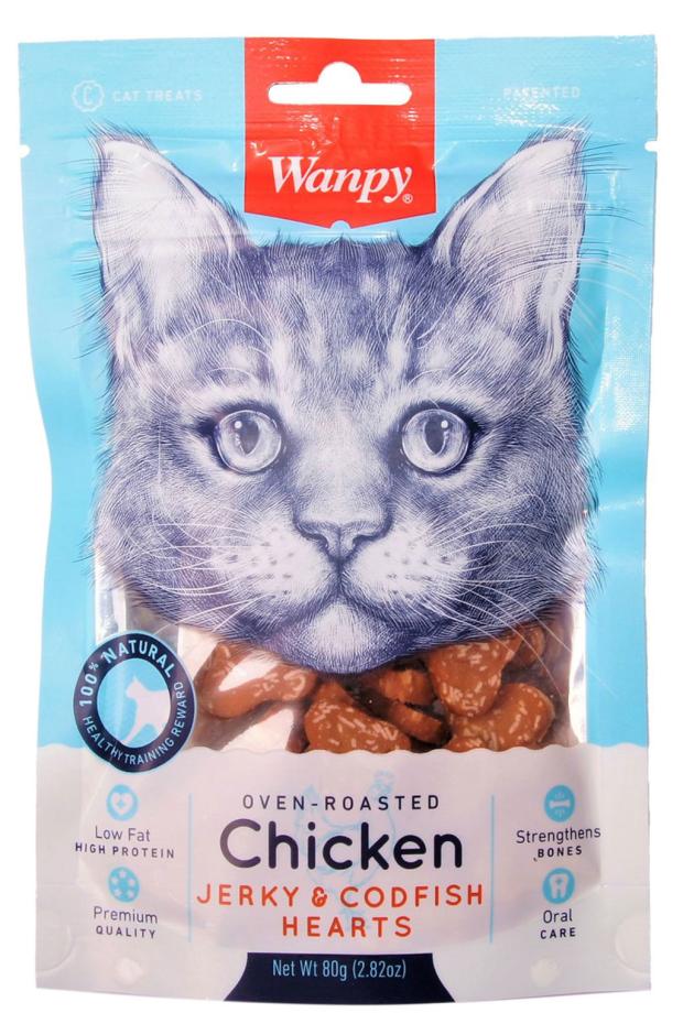 

Лакомство для кошек Wanpy Cat сердечки из курицы с треской, 80 г