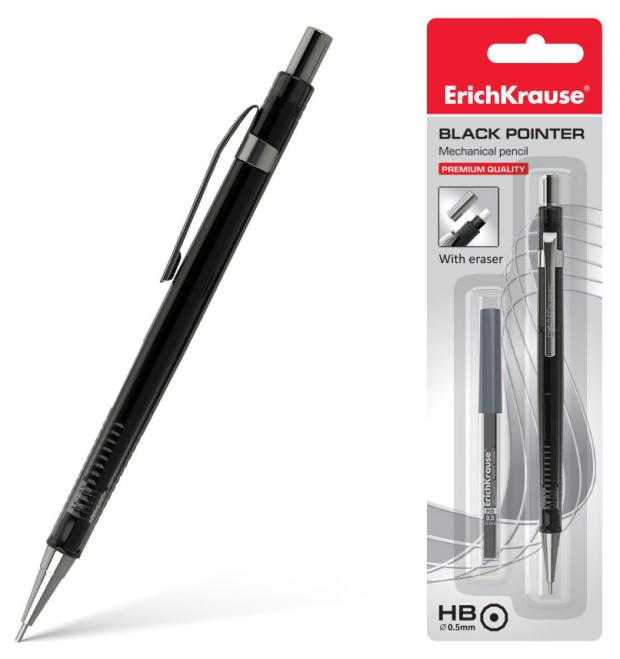

Карандаш механический ErichKrause Black Pointer в наборе с грифелями НВ 0,5 мм, 1 шт