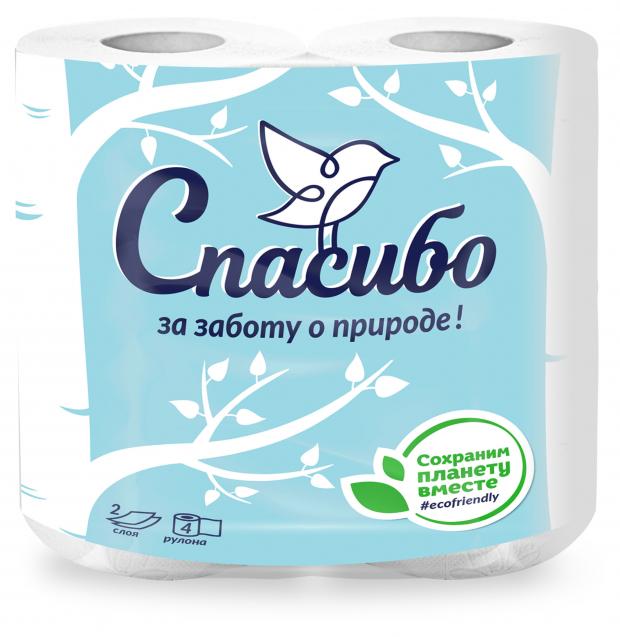 Бумага туалетная Спасибо за заботу о природе двуслойная, 4 рулона