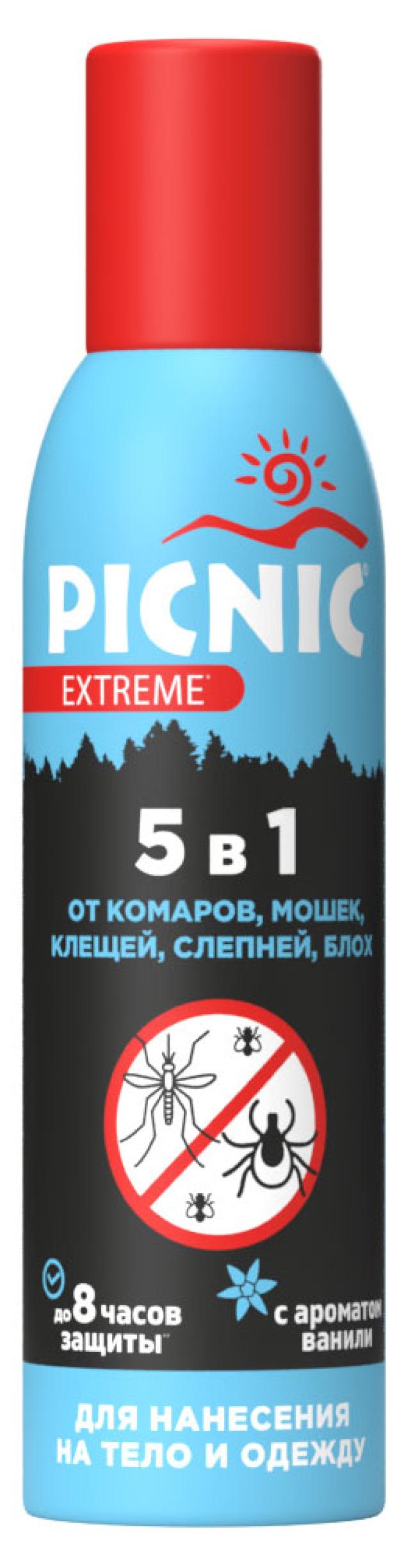 Аэрозоль от комаров мошек клещей слепней блох Picnic Extreme 5 в 1, 150 мл