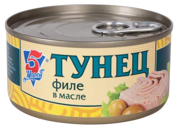 Тунец филе 5 Морей Скипджек в масле, 185 г