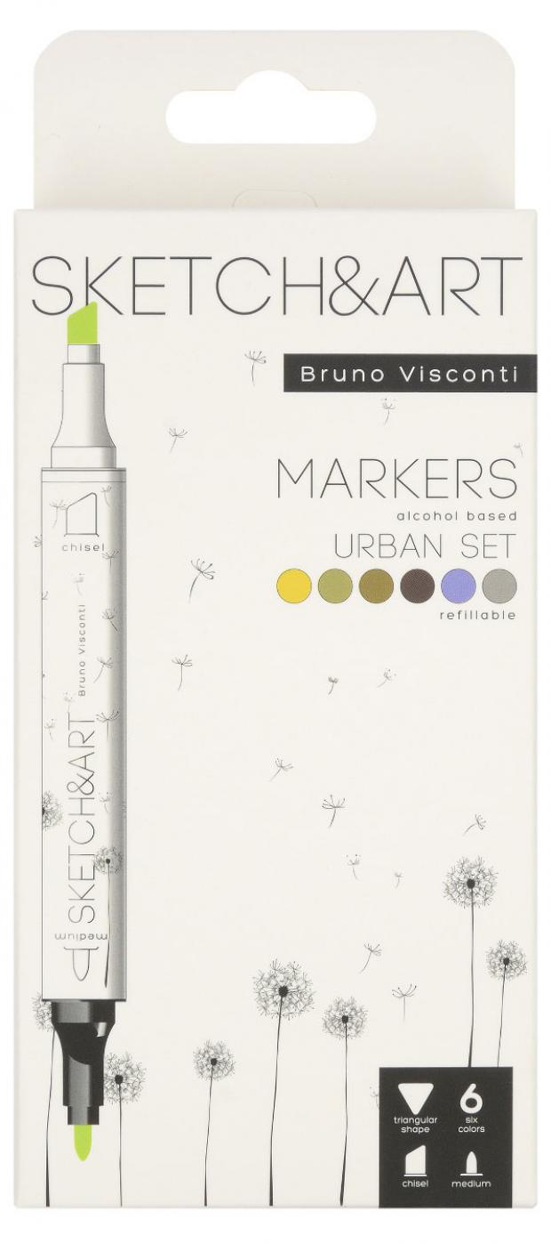 Маркеры BrunoVisconti Urban set для скетчинга, 6 цветов
