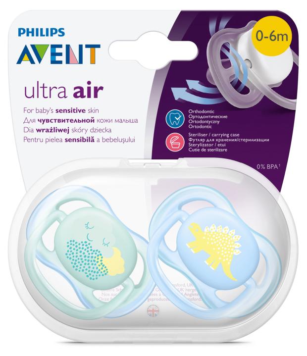 Пустышка с рисунком Philips Avent ultra air SCF344/20 для мальчиков, в комплекте с футляром для хранения и стерилизации, 2 шт, 0-6 мес,