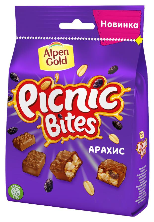 Конфеты Alpen Gold Picnic Bites c арахисом изюмом мягкой карамелью, 110 г