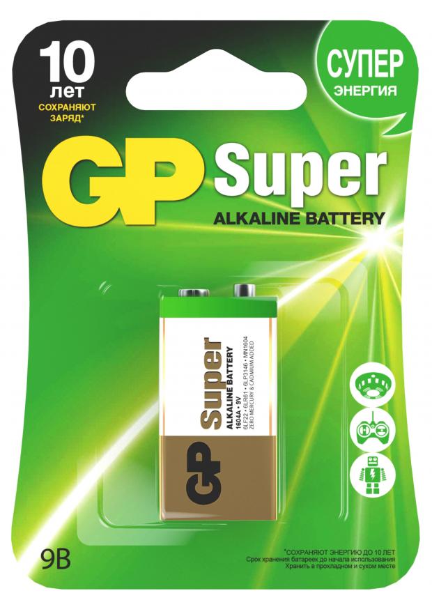 Батарейка GP Super 1604А 6LF22 алкалиновая, 1 шт батарейки алкалиновые фаzа super alkaline типоразмера с lr14 2 шт lr14sa b2