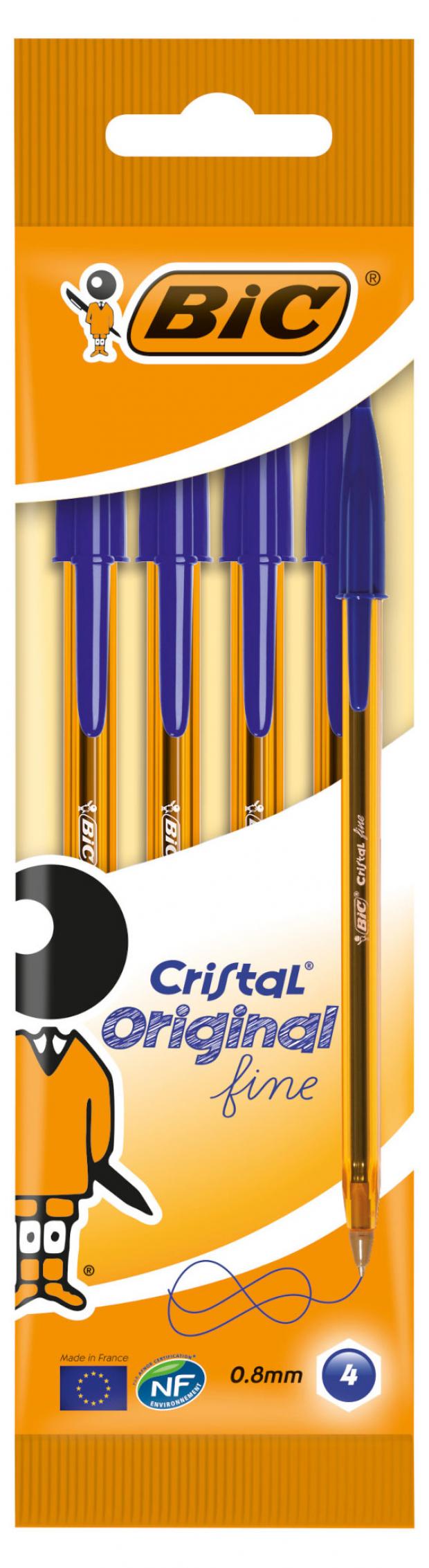 цена Ручка шариковая BIC Cristal Fine синяя, 4 шт