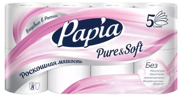 

Туалетная бумага Papia Pure&Soft 5 слоев, 8 рулонов