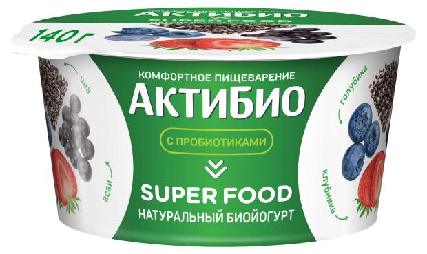 

Йогурт АктиБио Super food с клубникой голубикой асаи и семенами чиа 2,2% БЗМЖ 140 г