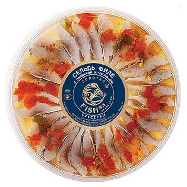 Сельдь филе-кусочки в масле Золотая Fishka с паприкой и чесноком, 180 г