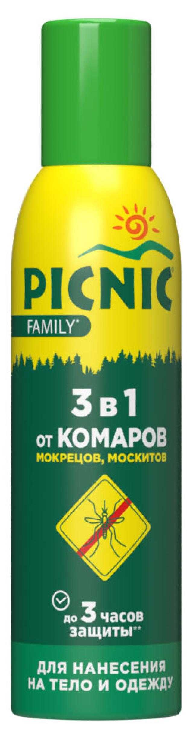 цена Аэрозоль от комаров мокрецов москитов Picnic Family с экстрактом алоэ, 150 мл