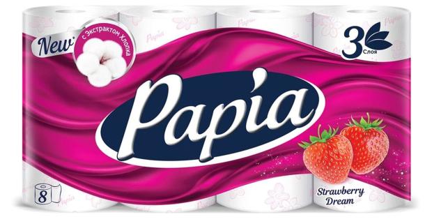 Туалетная бумага Papia Strawberry Dream 3 слоя, 8 рулонов