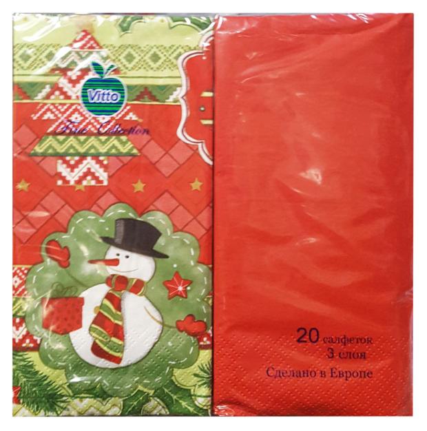 

Салфетки одноразовые Vitto бумажные трехслойные со снеговиком и однотонные красные 33х33 см, 10+10 шт