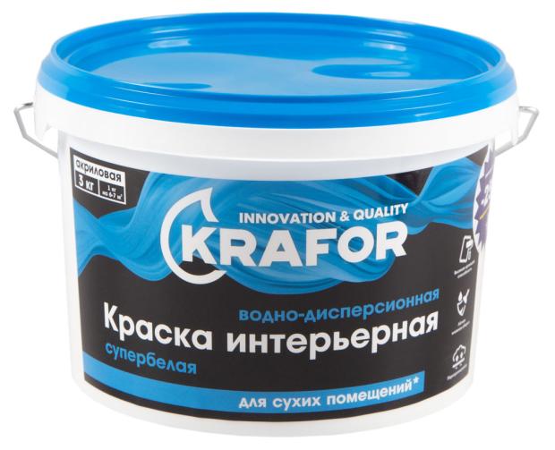 Краска интерьерная супербелая водно-дисперсионная KRAFOR белая, 3 кг