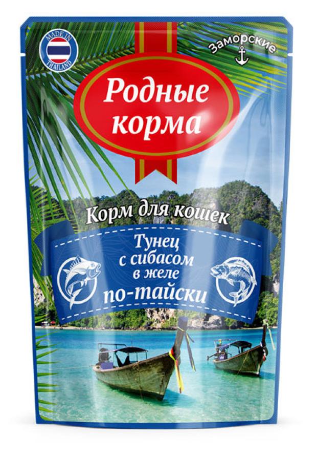 

Корм влажный для кошек Родные Корма заморские тунец с сибасом в желе по-тайски, 70 г