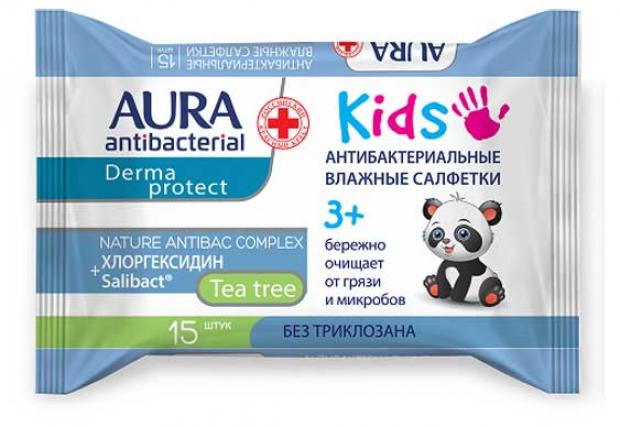 

Влажные салфетки детские Aura antibacterial kids антибактериальные 3+, 15 шт