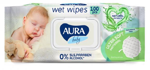 Влажные салфетки Aura Baby детские 0+ с алоэ вера с крышкой, 180 шт