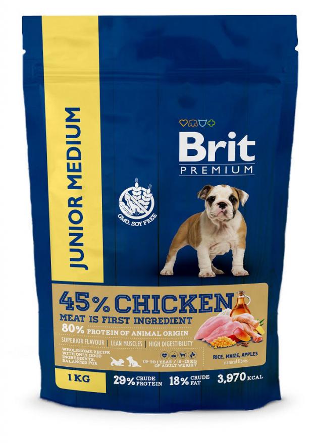 Сухой корм для щенков и молодых собак Brit Premium Junior M курица, 1 кг