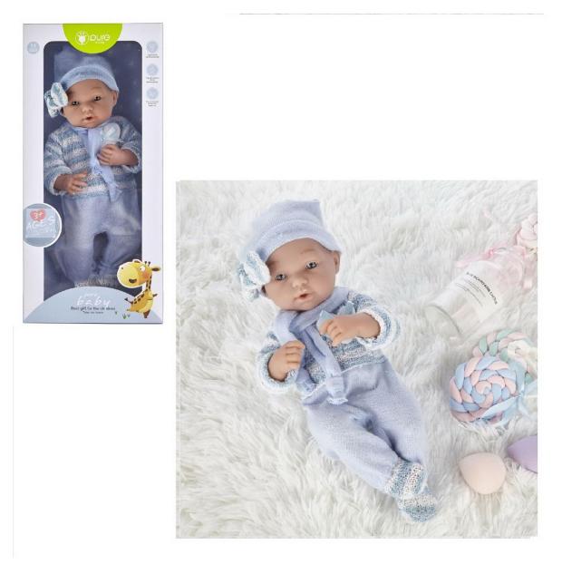 Пупс Junfa Pure Baby в голубом комбинезоне шапочке с шарфом, 35 см