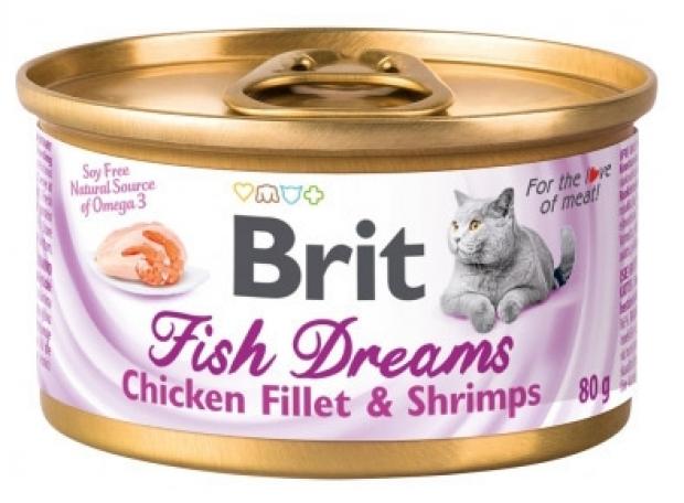 

Консервированный корм для кошек Brit куриное филе и креветки, 80 г
