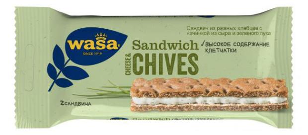 

Сандвич из цельнозерновых ржаных хлебцев WASA Cheese & Chives с начинкой из натурального сыра и зелёного лука, 37 г