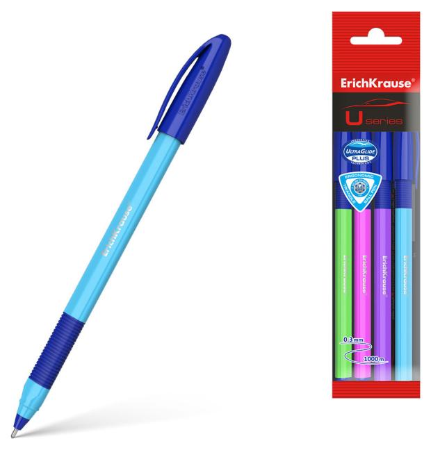 Ручка шариковая ErichKrause U-109 Neon Stick&Grip 1.0 синяя, 4 шт