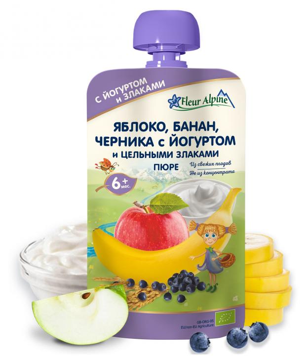 

Пюре детское Fleur Alpine яблоко, банан, черника с йогуртом и цельными злаками, с 6 месяцев, 120 г