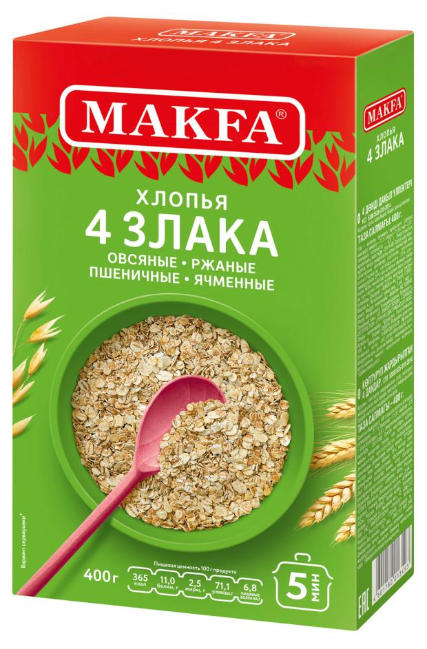 хлопья царь 4 злака 400 г Хлопья злаковые Makfa 4 злака, 400 г