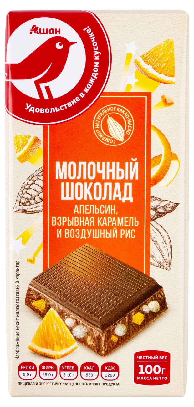 батончик ашан красная птица протеиновый шоколад 60 г Шоколад АШАН Красная птица молочный с цукатами рисом и карамелью, 100 г