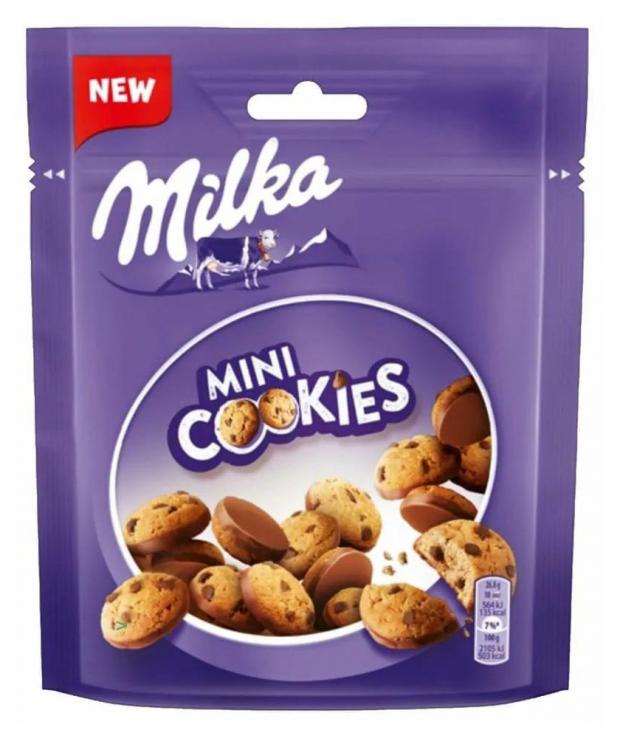 Печенье Milka Mini cookies с кусочками шоколада покрытое молочным шоколадом, 100 г