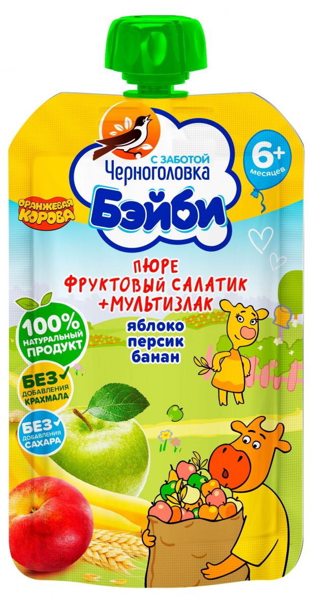 

Пюре «Черноголовка Бэйби» Фруктовый салатик и мультизлак Яблоко Персик и Банан с 6 мес, 110 г