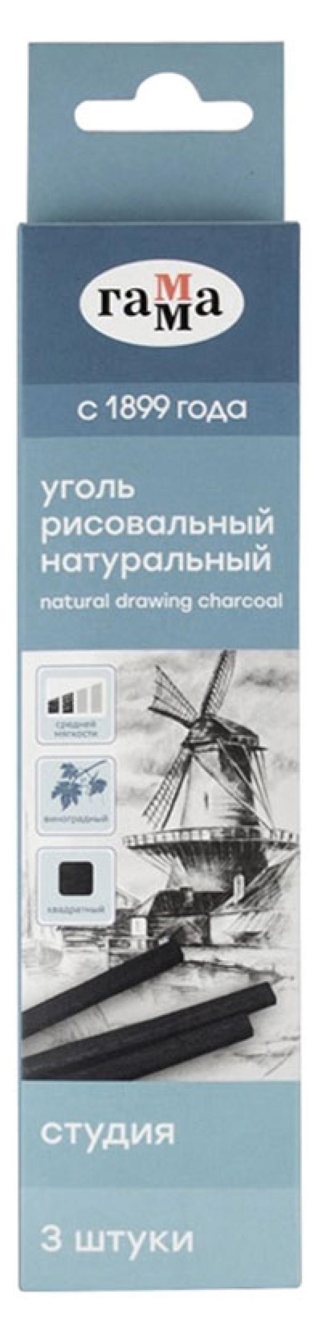 Уголь натуральный Гамма Студия виноградный средней мягкости квадратный, 3 шт