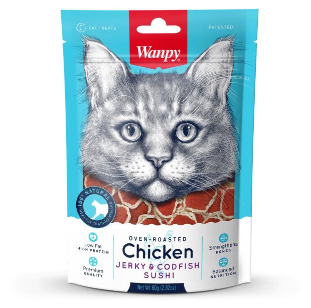 Лакомство для кошек Wanpy Cat суши из курицы с треской, 80 г