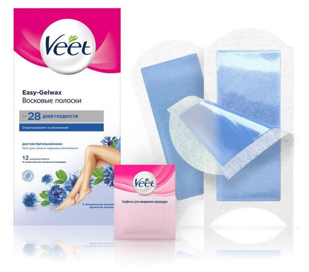 Восковые полоски для депиляции Veet Easy Gel-Wax для чувствительной кожи, 12 шт nair средство для удаления волос восковые полоски для ног и тела 40 восковых полосок 6 салфеток