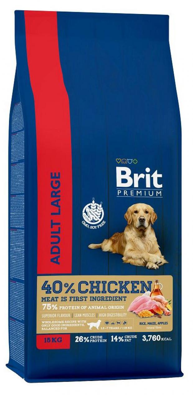 Сухой корм для взрослых собак крупных пород Brit Premium Adult L курица, 15 кг