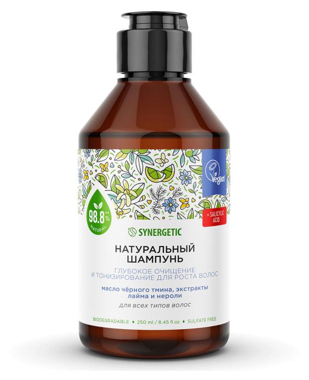 

Шампунь для волос Synergetic Натуральный бессульфатный Глубокое очищение и тонизирование для роста волос, 250 мл