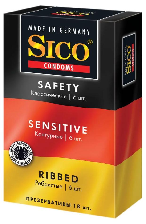 Презервативы Sico Safety Sensitivy Ribbed 3 вида, 18 шт