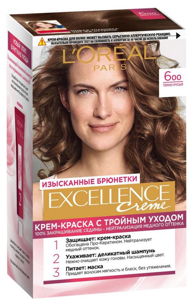 цена Крем-краска для волос L'Oreal Paris Excellence темно-русый тон 6.00, 192 мл