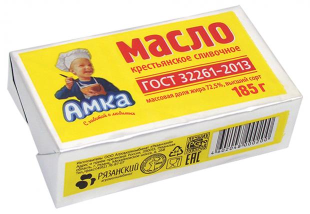 Масло сливочное АМКА крестьянское 72,5%, 185 г